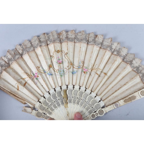 82 - A late 19th century ivory fan with bluebird sequinwork design, and five other fans