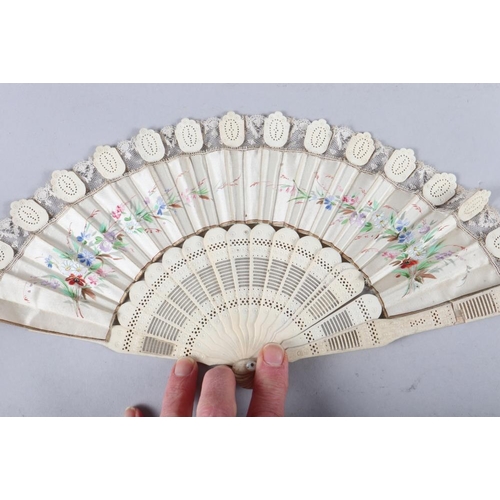 82 - A late 19th century ivory fan with bluebird sequinwork design, and five other fans