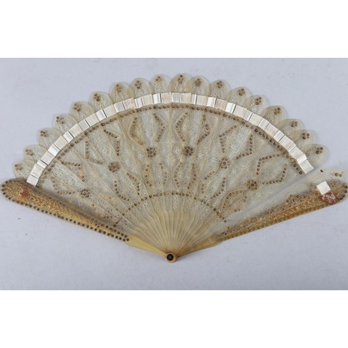 82 - A late 19th century ivory fan with bluebird sequinwork design, and five other fans