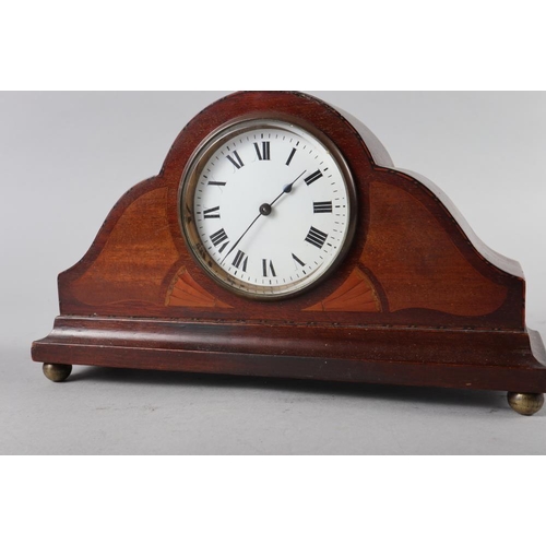 84 - An Edwardian walnut and line inlaid mantel clock, 5 1/2