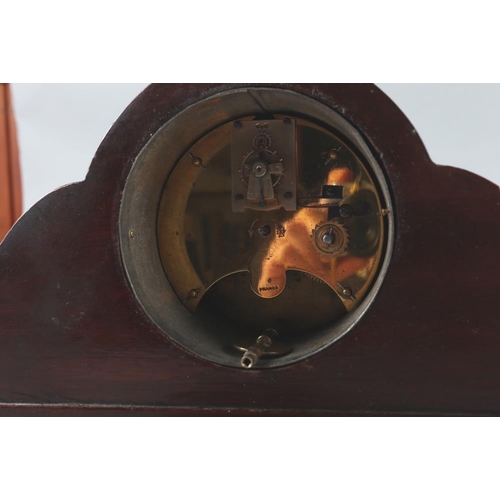 84 - An Edwardian walnut and line inlaid mantel clock, 5 1/2