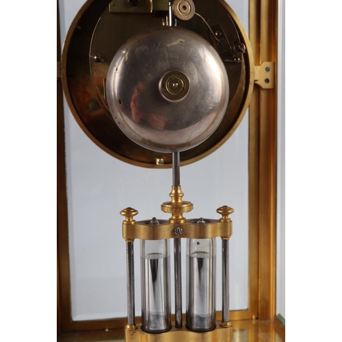 90 - A 19th century brass four-glass clock with white enamel and gilt dial, Roman numerals and  mercury p... 