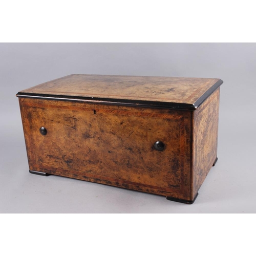 91 - A 19th century six-tune musical box with bells, in burr walnut and kingwood banded case, movement nu... 