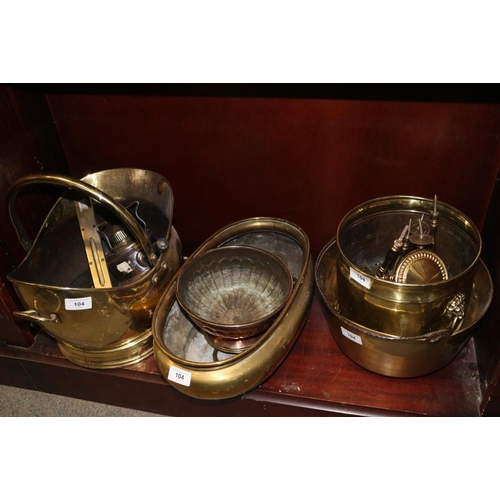 104 - A brass preserve pan with swing handle, a brass coal scuttle, a set of six brass curtain tie-back ho... 