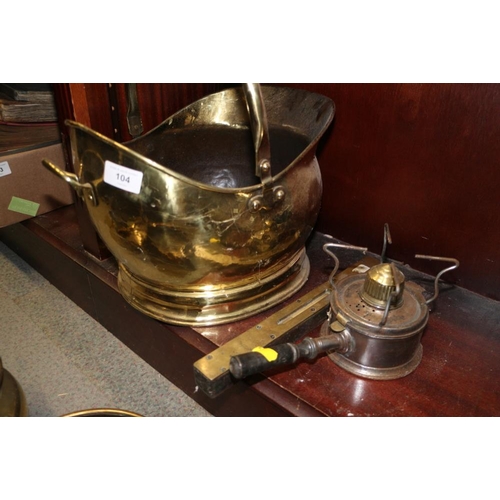 104 - A brass preserve pan with swing handle, a brass coal scuttle, a set of six brass curtain tie-back ho... 