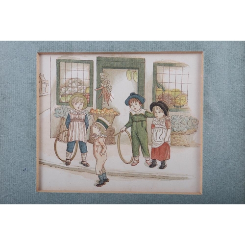 244 - A coloured print after Kate Greenaway, children outside a fruit shop, and four framed black and whit... 