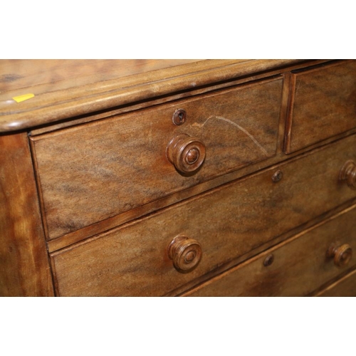 340 - A Victorian figured walnut chest of two short and three long drawers with turned knob handles, on bl... 