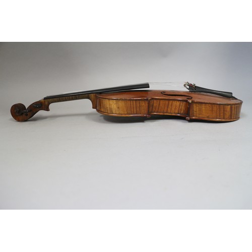 137 - A violin with two-piece back and a bow, 22 3/4