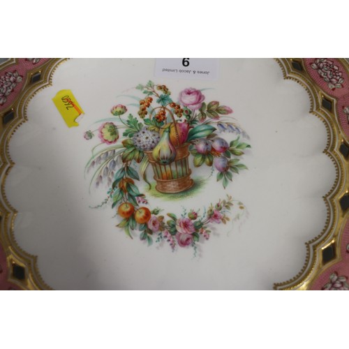 9 - Six 19th century bone china plates, decorated with baskets of flowers and fruit with pink and gilt b... 