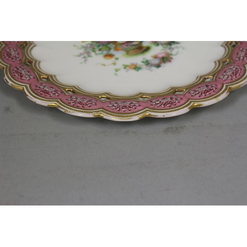 9 - Six 19th century bone china plates, decorated with baskets of flowers and fruit with pink and gilt b... 