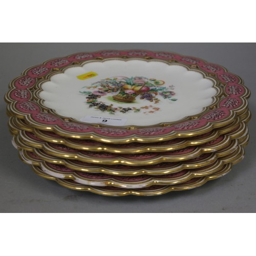 9 - Six 19th century bone china plates, decorated with baskets of flowers and fruit with pink and gilt b... 