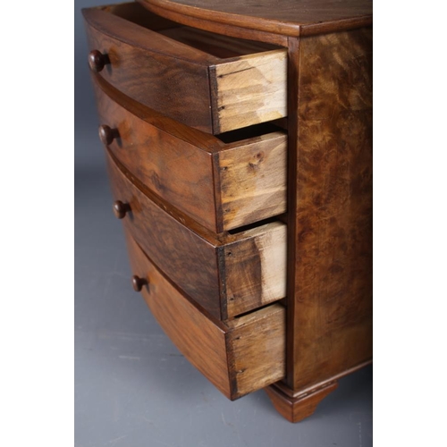 178 - A burr walnut miniature bowfront chest of four long  graduated drawers, on bracket supports, 9 1/2