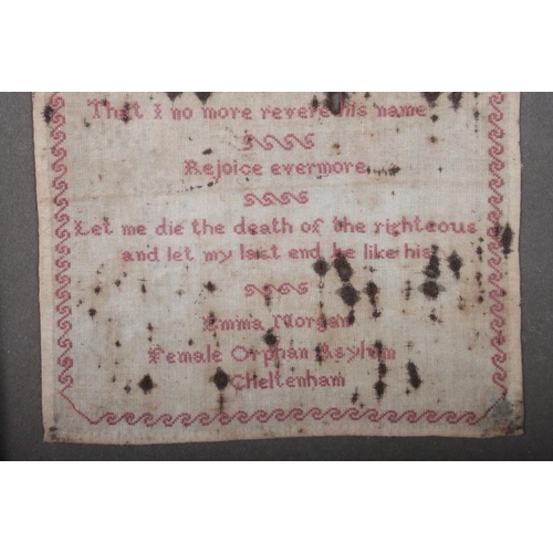 209 - An early 19th century verse sampler, by Emma Morgan in Female Orphan Asylum in Cheltenham, 4 1/4