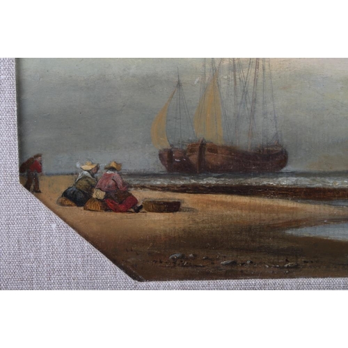 400 - A 19th century oil painting of two ships with figures, 10 3/4