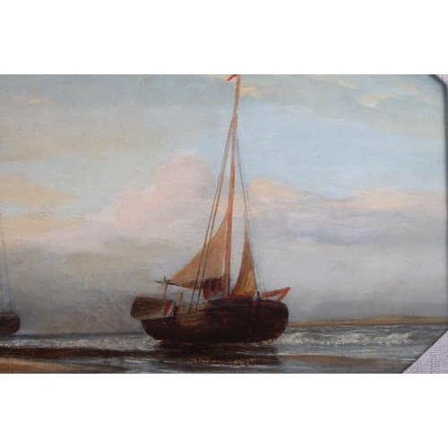 400 - A 19th century oil painting of two ships with figures, 10 3/4