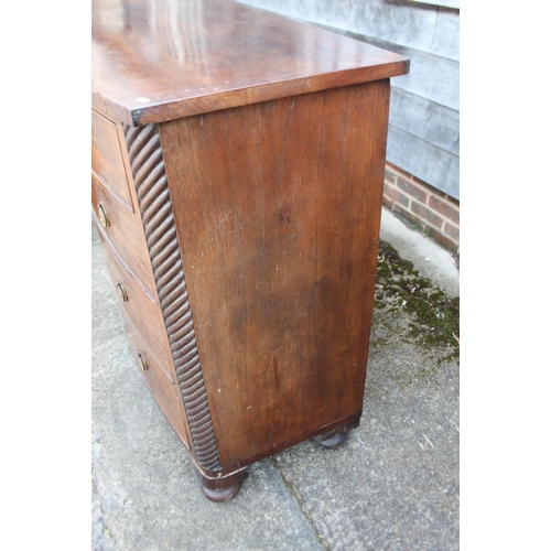 408 - A Victorian figured mahogany bowfront chest of two short and two long drawers with brass ring handle... 