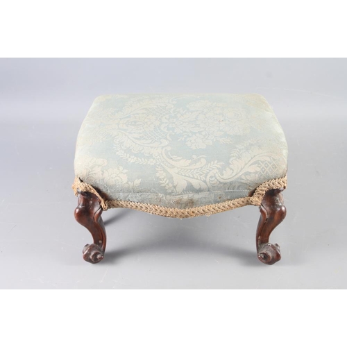 445 - A pair of 19th century carved rosewood serpentine top stools, upholstered in a blue brocade, on cabr... 