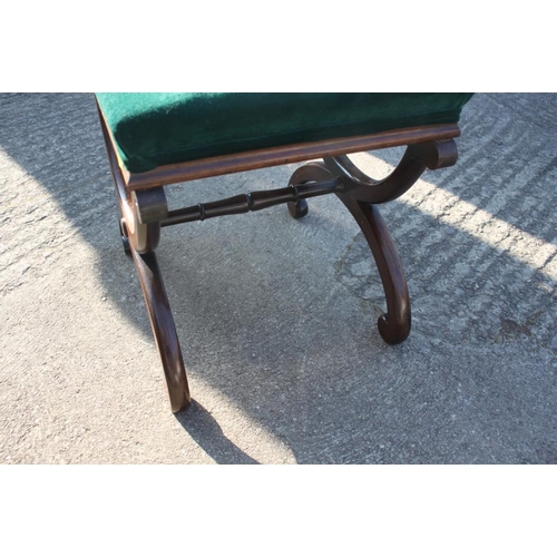 474 - A 19th century mahogany 'X' frame stool with green velvet upholstered seat, 16