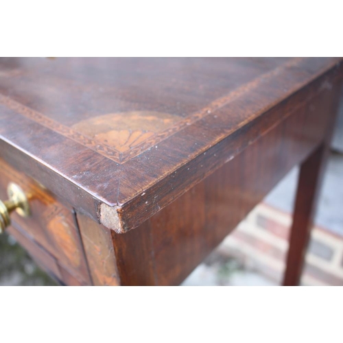 477 - A late Georgian mahogany, shell paterae inlaid and banded side table, fitted one drawer, on square t... 