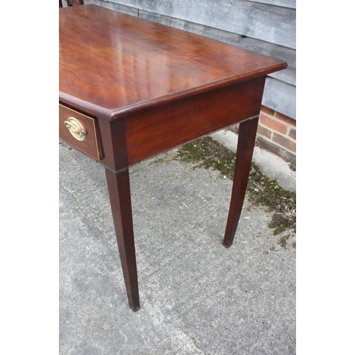 485 - A George III mahogany bowfront side table, fitted three drawers with brass oval handles, on square t... 