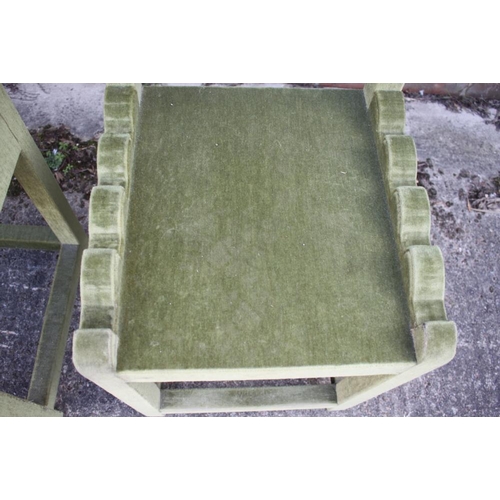 585 - A pair of green velvet covered side chairs with panel seats, on stretchered supports