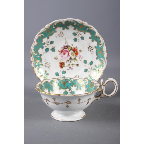 11 - A 19th century Derby cabinet cup and saucer with landscape panels and gilt scroll work borders (craz... 