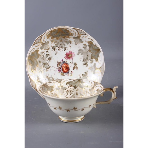 11 - A 19th century Derby cabinet cup and saucer with landscape panels and gilt scroll work borders (craz... 