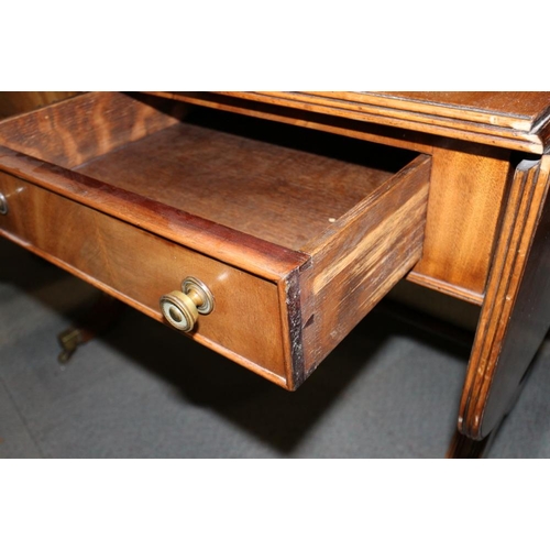 412 - A mahogany drop flap sofa table, fitted two drawers, on splayed and castored supports, 35