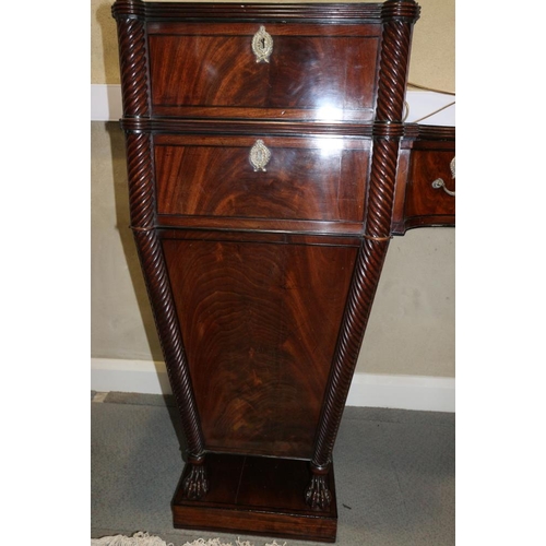 484 - A Regency mahogany and ebony line inlaid inverse break bow drop centre sideboard with brass scroll r... 