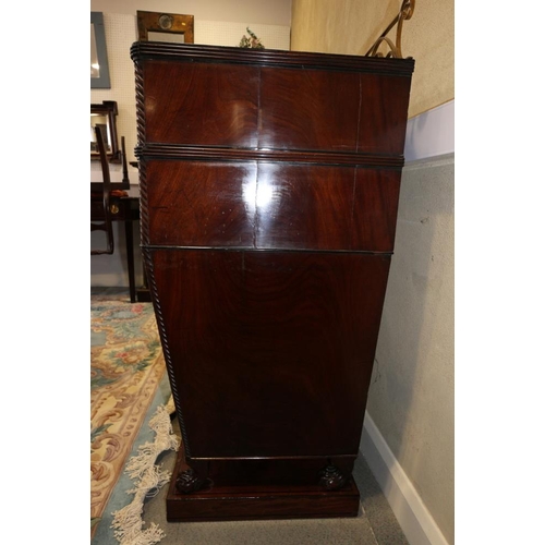 484 - A Regency mahogany and ebony line inlaid inverse break bow drop centre sideboard with brass scroll r... 