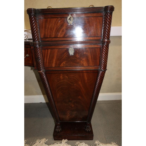 484 - A Regency mahogany and ebony line inlaid inverse break bow drop centre sideboard with brass scroll r... 