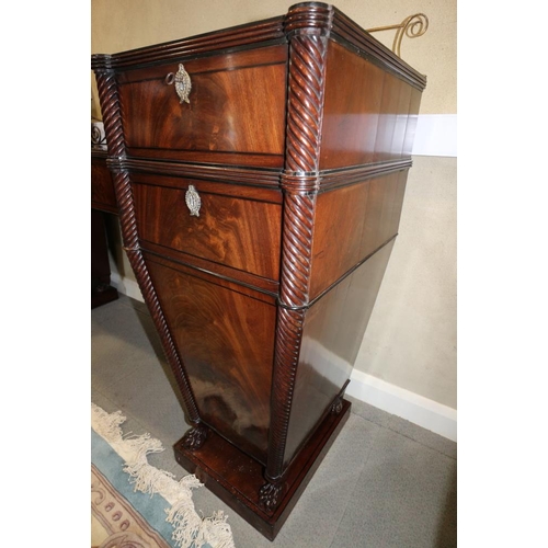 484 - A Regency mahogany and ebony line inlaid inverse break bow drop centre sideboard with brass scroll r... 