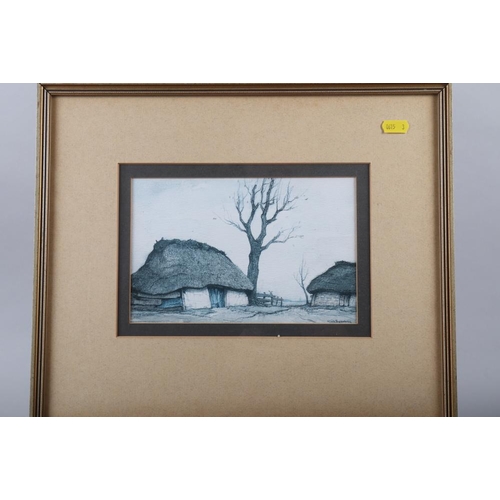 355 - A set of four colour prints, thatched cottages, in gilt frames, and E M Wright, a watercolour, 