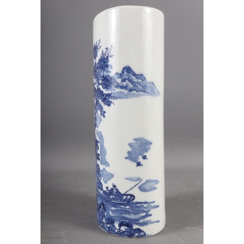 107 - A Japanese blue and white oval shaped vase, decorated trees and figures in a boat (hairline crack), ... 