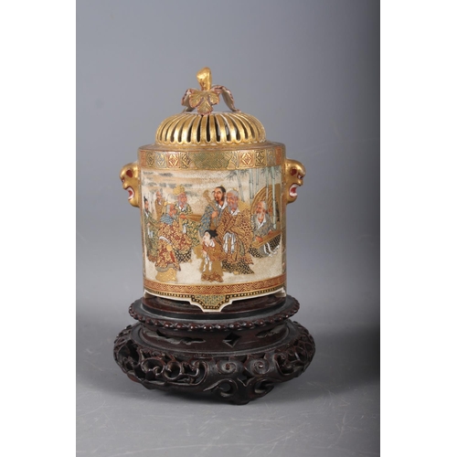 109 - A late 19th century Satsuma koro and pierced dome cover with samurai decoration and mythical beast h... 