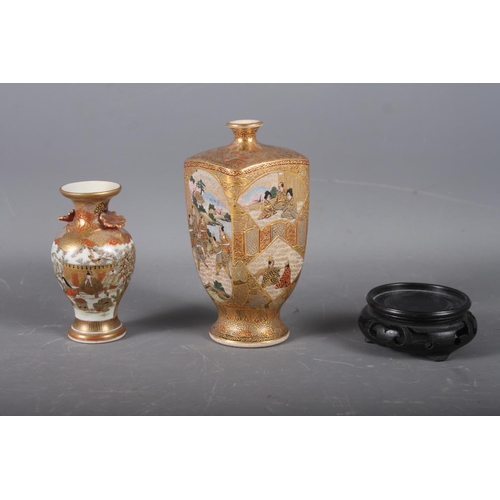 110 - An early 20th century Satsuma squat vase, decorated panels with figures, 5