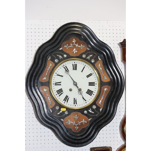 131 - A French ebonised and mother-of-pearl inlaid boudoir clock with white enamel dial and Roman numerals... 