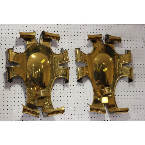 159 - A pair of hammered brass scroll wall sconces, 17