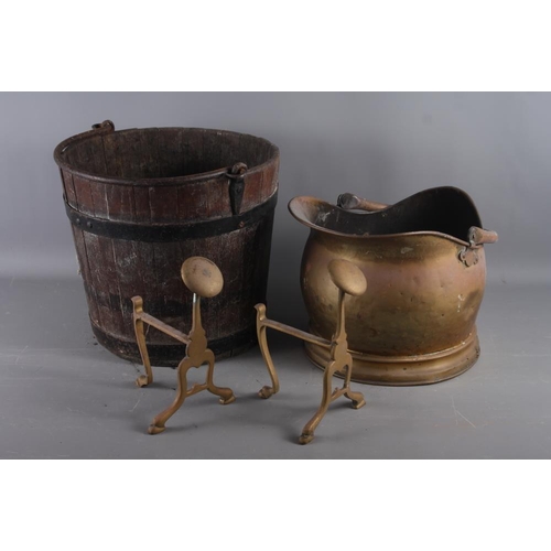 170 - A coopered oak coal bucket, a copper coal helmet and a pair of brass andirons