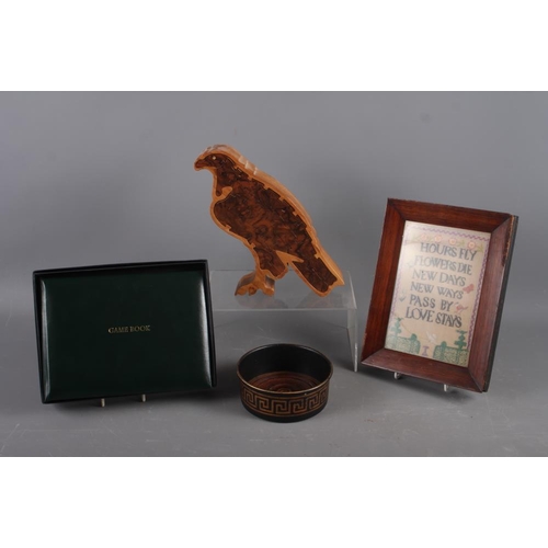 177 - A burr walnut veneered bird-shaped jigsaw puzzle, a bottle coaster, a Game book, in box, and a verse... 