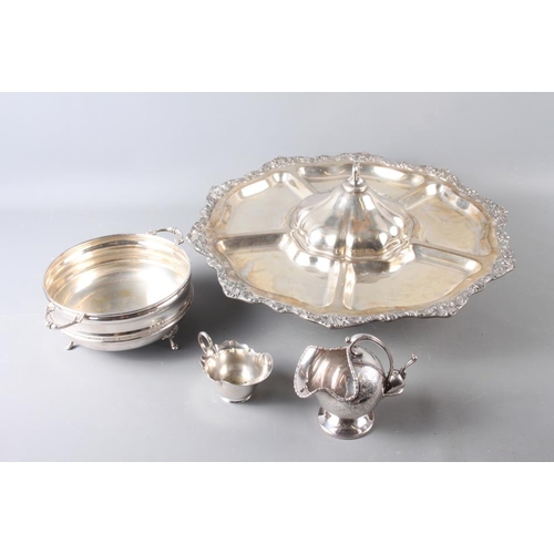 293 - A silver plated pedestal hors d'oeuvres dish with central cover, a plated sugar chute and other plat... 