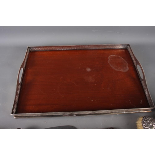 296 - A rectangular mahogany and silver plated gallery tray, 18