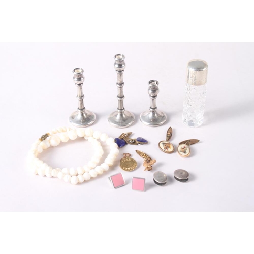 325 - A selection of cufflinks, various, a cut glass smelling salts jar with silver lid, three miniature s... 