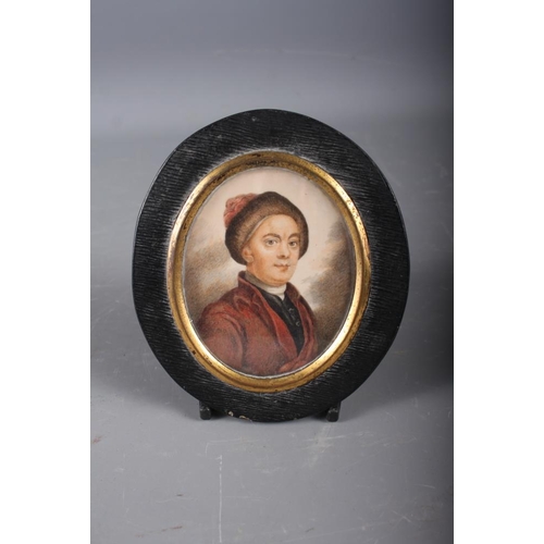 393 - A 19th century watercolour portrait on ivory, William Hogarth, 3 1/4