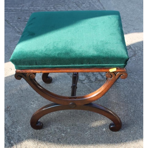 474 - A 19th century mahogany 'X' frame stool with green velvet upholstered seat, 16