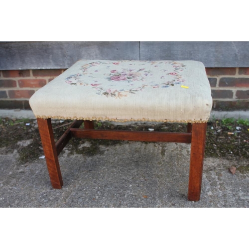 476 - A 19th century stool with needlepoint seat, on square taper and stretchered supports, 13