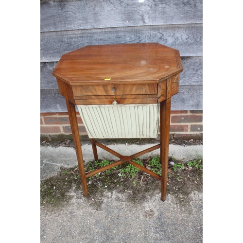 479 - A George III figured mahogany and ebony line inlaid octagonal work table, fitted drawer and fabric w... 