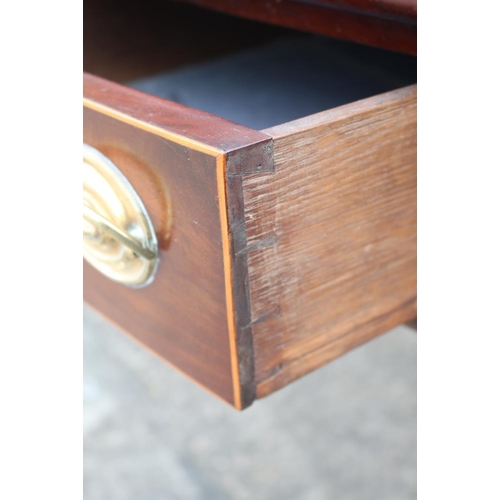 485 - A George III mahogany bowfront side table, fitted three drawers with brass oval handles, on square t... 