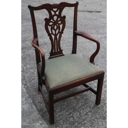 577 - A Georgian provincial ash carver chair with pierced splat and drop-in seat, on chamfered and stretch... 