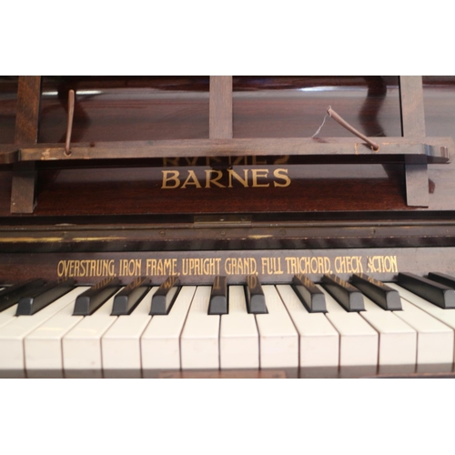 582 - A W H Barnes iron frame overstrung full trichord, check action upright piano, in walnut case
COLLECT